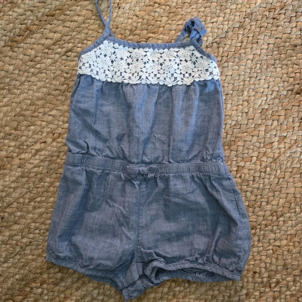 OshKosh B'Gosh Chambray Romper and Pink Shoulder Striped Romper‎ Sz 24m